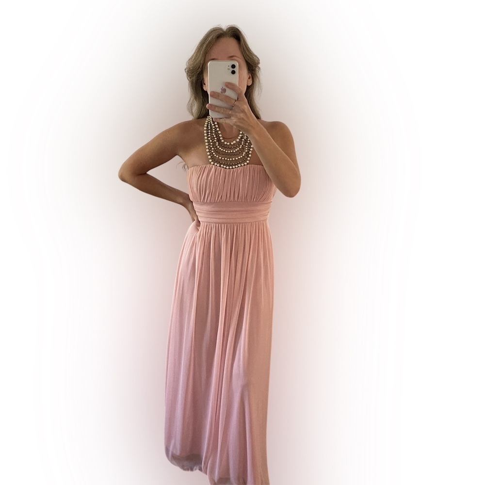 DAVID’S Bridal Petite Maxi Empire Waist Dress with Pearl Necklace - Size 3